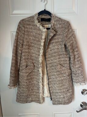 Zara Cream-Beige Tweed Fringe-Trim Blazer Coat
